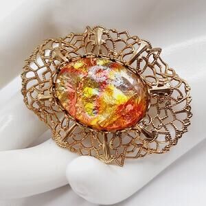 Vintage 1960s Foil Glass Brooch, Gold Filigree Orange Yellow Iridescent Cabochon